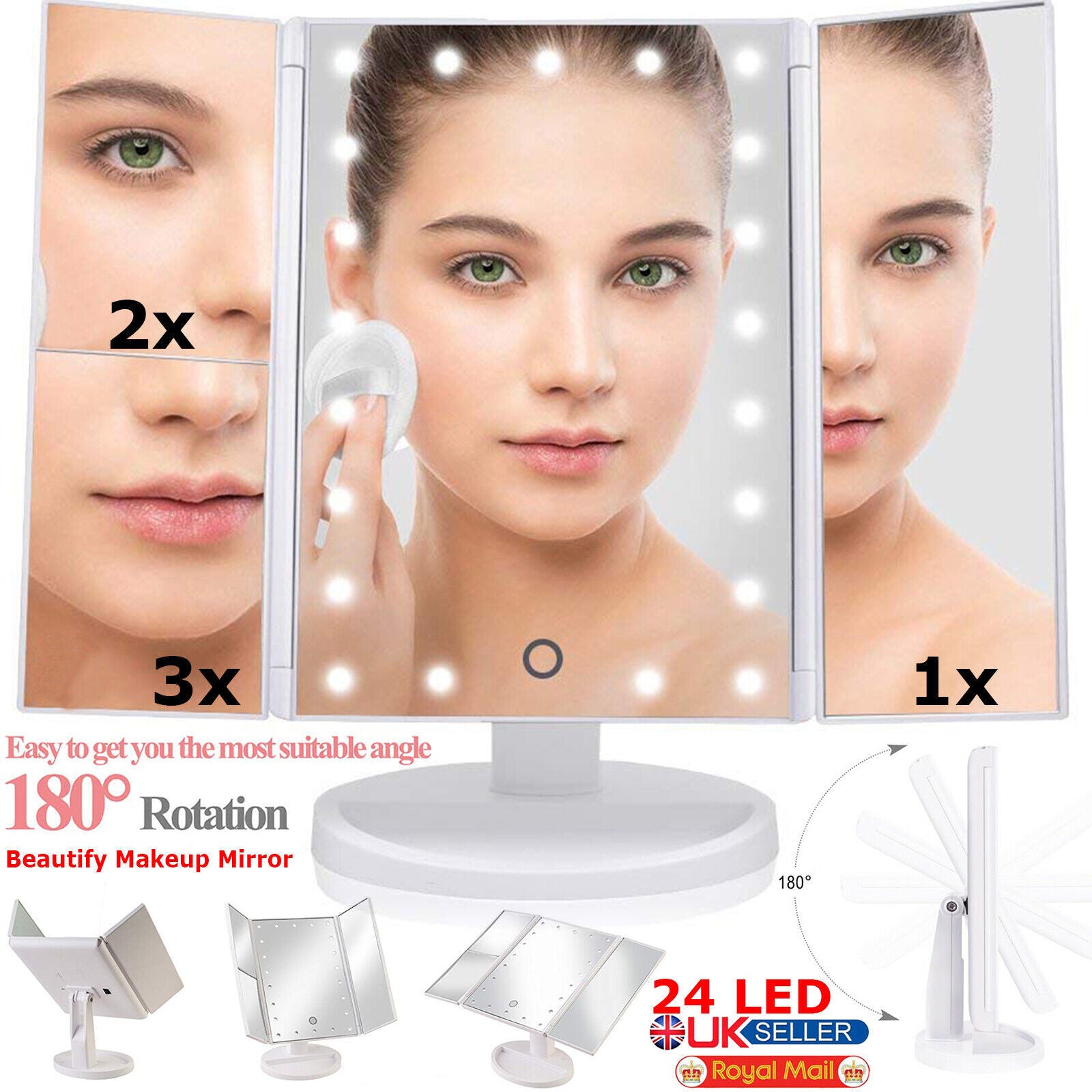 24 LED Touch Screen Make up Mirror Tabletop Lighted Cosmetic Illuminated Vanity